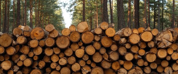 Stacked Tree Trunks in a Forest with Pine Trees in Natural Light © CryptoCanvas