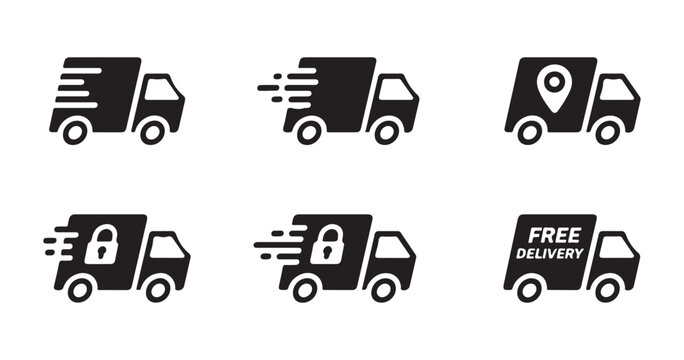 Graphic collection of six transport truck icons depicting rapid delivery services and location markers.