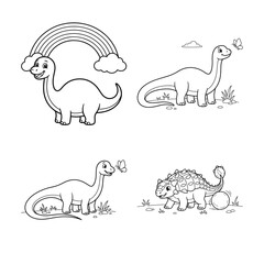 Dinosaurs With Rainbow And Butterflies Black And White Vector Illustration © MDJION