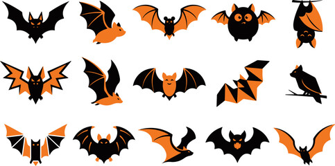 Fototapeta premium Set of cute cartoon bats for haloween party decorations and festive spooky holiday graphic design elements collection