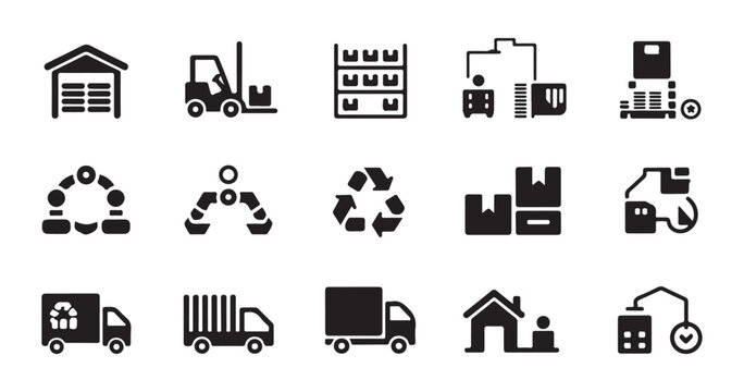 Warehouse and logistics icon set featuring storage facilities forklifts and cargo distribution routes.