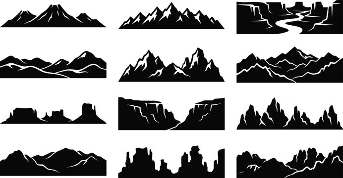 Black and white vector silhouettes of mountains, canyons, and desert landscapes for outdoor logo design
