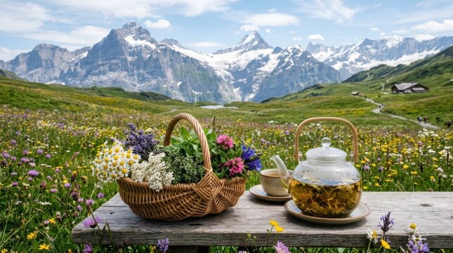 Picnic in the Swiss Alps with herbal tea and wildflowers overlooking majestic mountains
