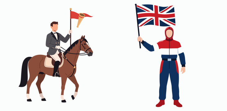 Equestrian rider with Union Jack flag bearer in British attire
