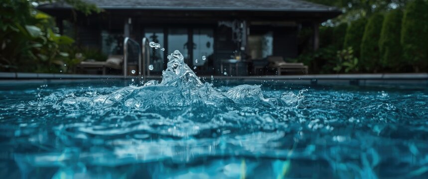 Water Splashing in a Pool with House in Soft Focus Background