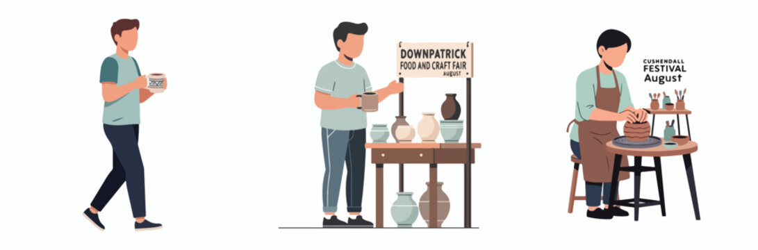 Three artisans at August food and craft festivals with pottery displays