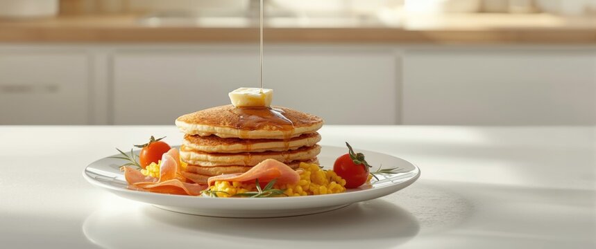 Stack of Pancakes with Syrup Butter Smoked Salmon Tomatoes and Scrambled Eggs on a Plate in a Bright Kitchen