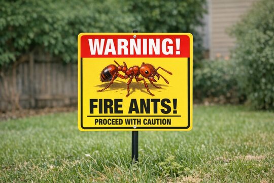 Signs of fire ant infestation, warning people to beware of bites and stings