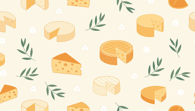 Tasty seamless pattern displaying various types of delicious cheese wheels and slices with green olive leaves.