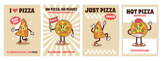 Obraz premium Groovy pizza posters. Ad pizzeria and delivery banners with pizza slices. Italian food with basil and sausages. Fast food or snacks, neoteric vector templates