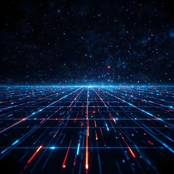 Abstract Futuristic Digital Network Background with Glowing Blue and Red Data Lines, Artificial Intelligence Connections, Blockchain Technology, Cyber Security, Big Data Visualization, Neural Network 