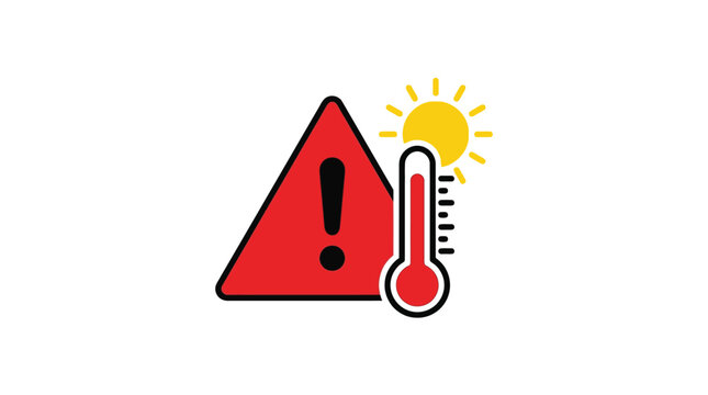 Heat warning icon showing sun, thermometer, and red caution triangle indicating high temperature alert
