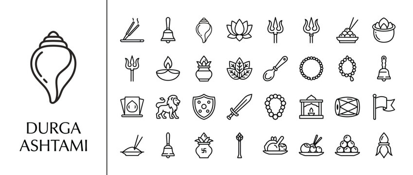 Durga Ashtami Icons: Hindu Festival Symbols Line Art Collection