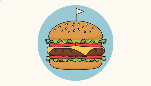 Mouthwatering classic cheeseburger with beef patty, melting cheese, tomatoes, lettuce, and a white flag toothpick in a blue circle.