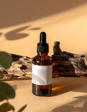 Minimal Serum Bottle Mockup with Driftwood and Soft Sunlight for Cosmetic Branding