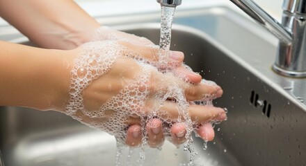 Fototapeta premium Woman washing hands with soap and water in sink, hygiene concept