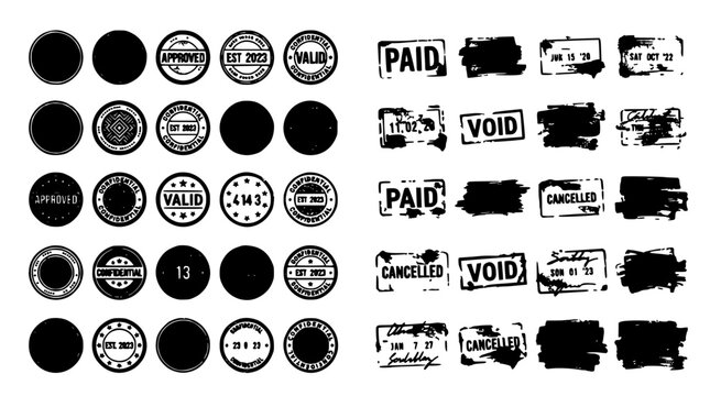 Circular Ink Stamps Set with Black Rubber Seal Designs and Text Labels Featuring Seals, Approved, Valid with Paid and Cancelled