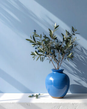 Elegant Blue Ceramic Vase on Travertine Shelf with Soft Window Shadows Minimal Luxury Interior Background