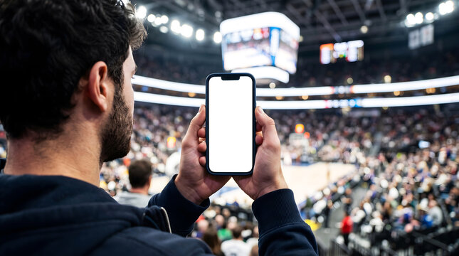 Hand holding mobile phone with blank white screen mockup at indoor sports arena stadium, spectator taking photo video of basketball game with scoreboard, digital device template
