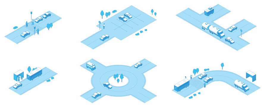 Isometric line road scenes. Cars and trucks on roads, circle traffic, stop, on parking. Different route situations in city and on highway, nifty vector set