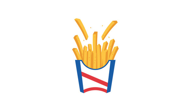 Mouthwatering crispy golden french fries spilling out of a classic red and blue paper box over clean white background.