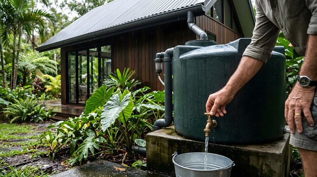Person collecting stored rainwater in a metal bucket from a household tank, illustrating water conservation, self-sufficient living and alternative water supply during shortages.