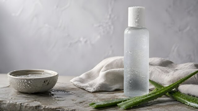 Clear cosmetic spray bottle with aloe vera leaves, ceramic bowl and linen cloth against a textured pale wall.