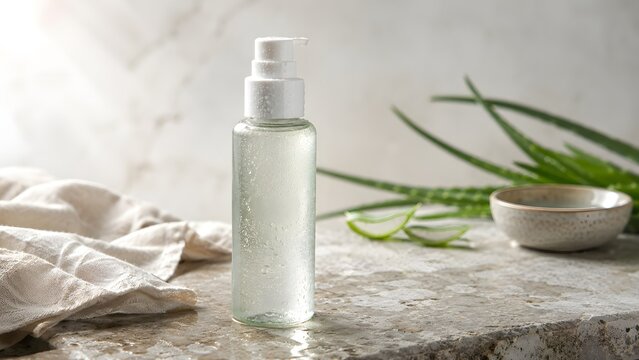 Translucent cosmetic bottle displayed with aloe vera sprigs, a small ceramic bowl and crumpled linen on a weathered tabletop.