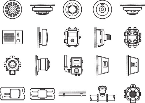 A set of graphic representations for various industrial components, including control panels, sensors, and flow meters, presented in a clean, schematic style.