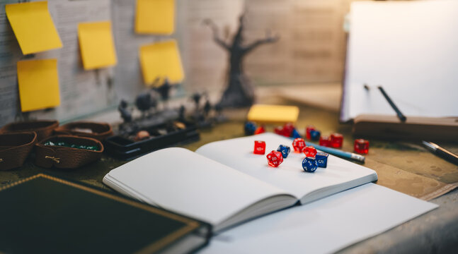 Dice place on journal book create adventure story role playing tabletop game and board games