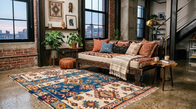 Bohemian living room with patterned rug and ethnic textiles