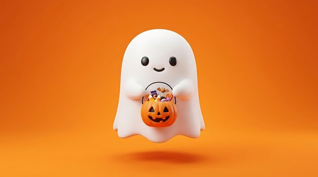 A cute 3d ghost character holding a pumpkin candy bucket to celebrate a fun and happy halloween holiday