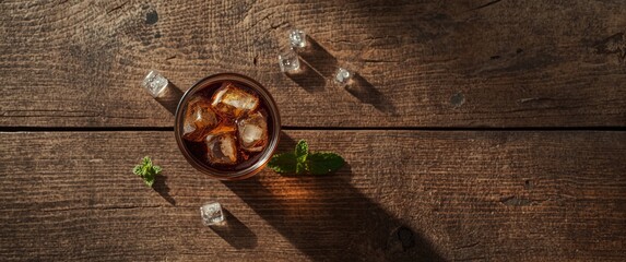 Iced Beverage in a Glass with Mint Leaves on Wooden Table © NeuralNiche