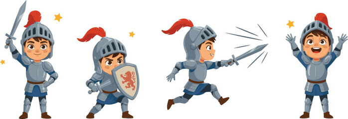 Cute Boy Knight Character Vector Set Holding Sword, Defending with Shield, Running to Battle, and Celebrating Victory for Children Fantasy Storybook Illustrations