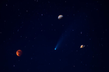 An abstract space background featuring comets and colorful planets set against the glow of starlight. © K.Pornsatid