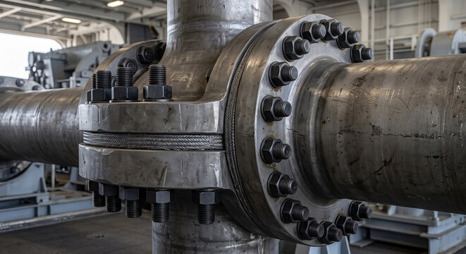 Close up of a heavy duty metal flanged pipe connection in a massive tech facility.