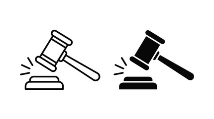 Law and justice icon set showing judge’s gavel striking block in black and outline minimalist style  © Adobe