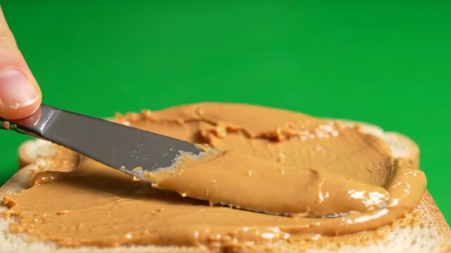 Creamy peanut butter spreading smoothly across a flat surface with chroma key green screen background for easy compositing