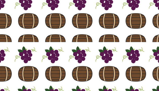 Classic seamless pattern of dark purple grapes and wooden wine barrels, perfect for wine tasting event decor.