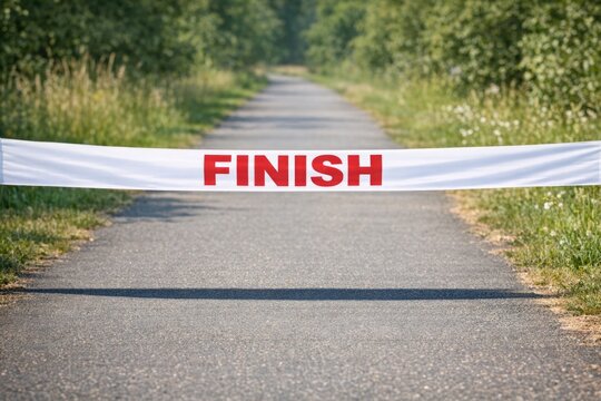 A road with a sign saying 'finish' marking the end of a journey or event