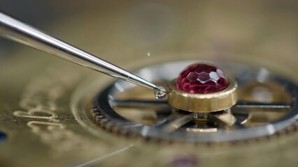 Fototapeta premium Close-up of watchmaker's tool adjusting gemstone setting on watch dial