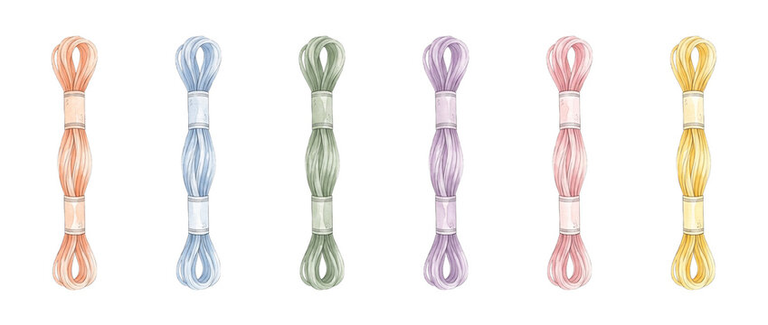 Embroidery floss watercolor thread skeins set for sewing, needlework, and DIY crafts. Colorful pastel cotton yarns isolated on white background for needlepoint, stitching, and handmade art projects.