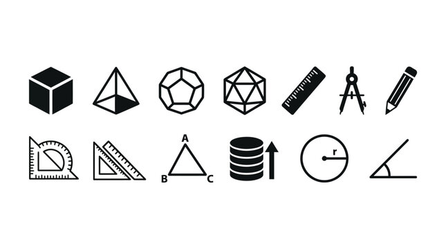 Geometry and mathematics icon set showing 3D shapes, rulers, compasses, formulas, and measurement tools in black style
