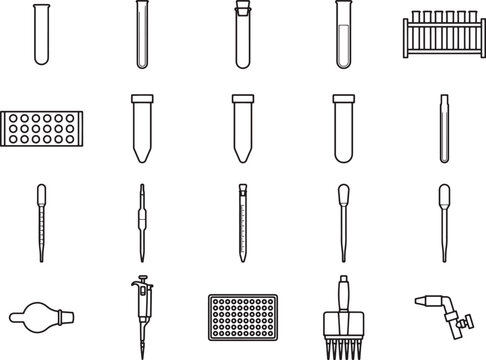 A collection of laboratory equipment, including test tubes, pipettes, and racks, arranged in a clean, graphic illustration.