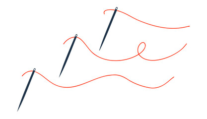 Obraz premium Set of sewing needles with red thread in dynamic swirling. Collection of craft and textile design elements with black needles and vibrant red thread isolated on white.