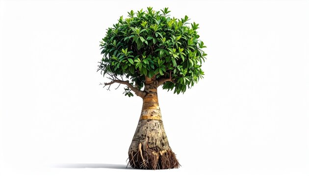 A beautiful small bottle tree with thick trunk and lush green foliage isolated on a clean white background for botanical design concepts.
