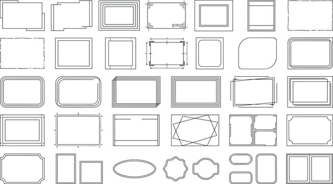 Collection of minimalist black outline geometric frames, text boxes, and border elements for graphic design
