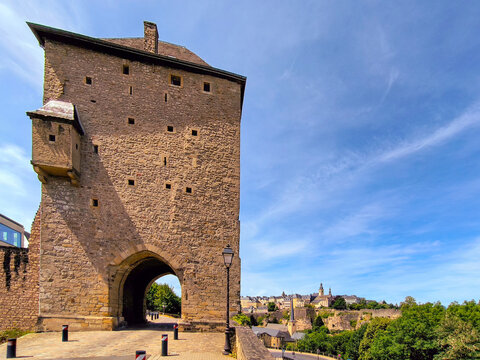 Porte d'Eich Historic Gate Tower and Old Town Skyline in Luxembourg City