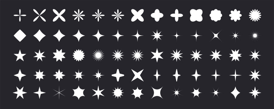 White starburst sparkle spark vector collection on black background. Twinkle star icon set with gleam glimmer glint and sixpointed star shapes. Isolated decorative overlay bundle