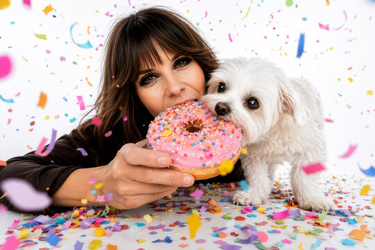 Frau teilt mit ihrem Hund ihren Geburtstagsdonut
